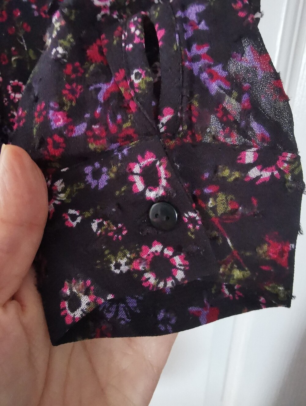 Reiss Black Sheer Floral Ruffle Blouse with Pink and Purple Accents - Picture 10 of 15